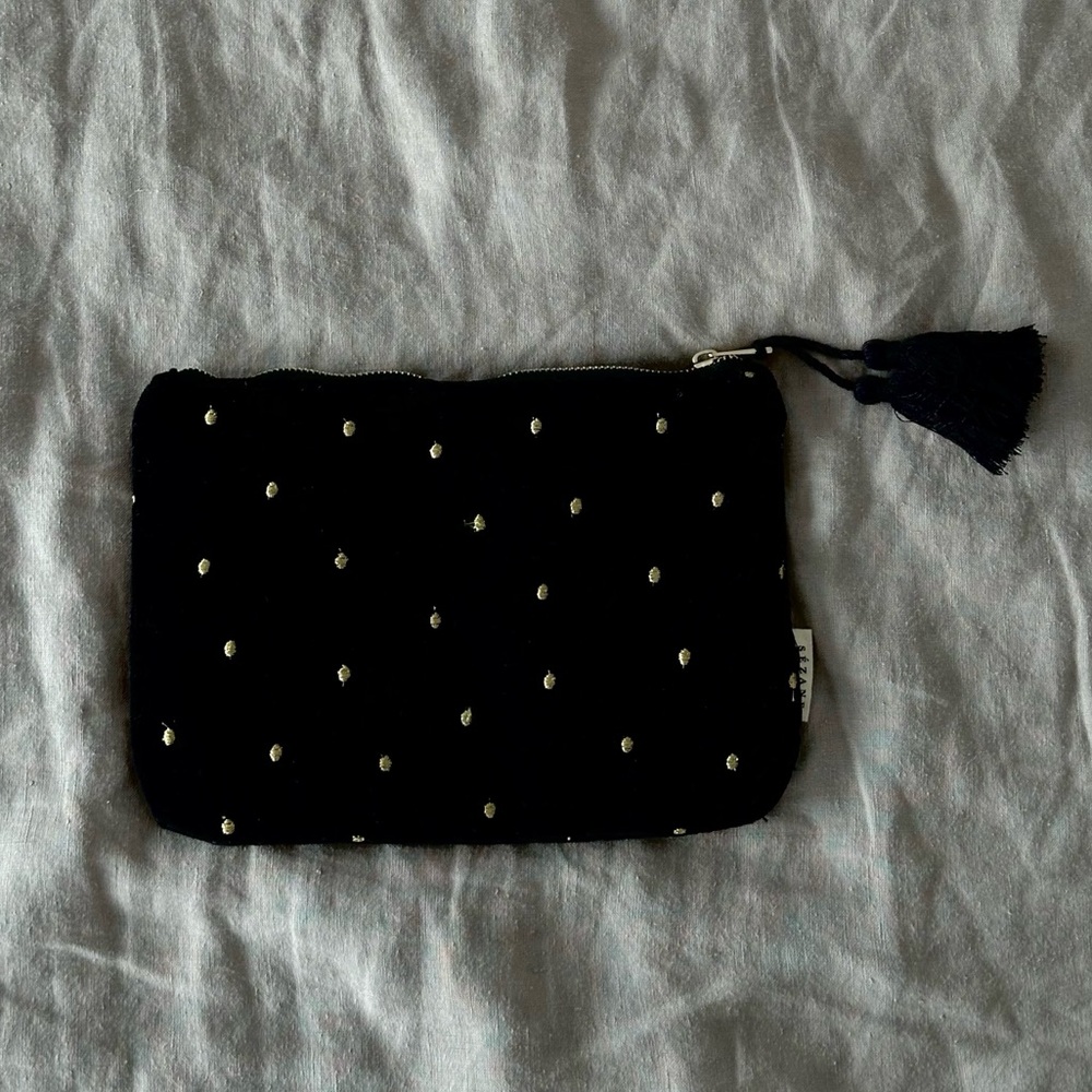 Sezane Velvet Pouch with Gold embroidered polka dots